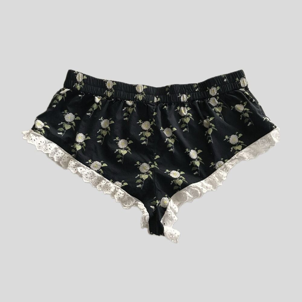 Anthropologie Black Floral Cotton Eyelet Trim Super Short Mini Bloomer Shorts M